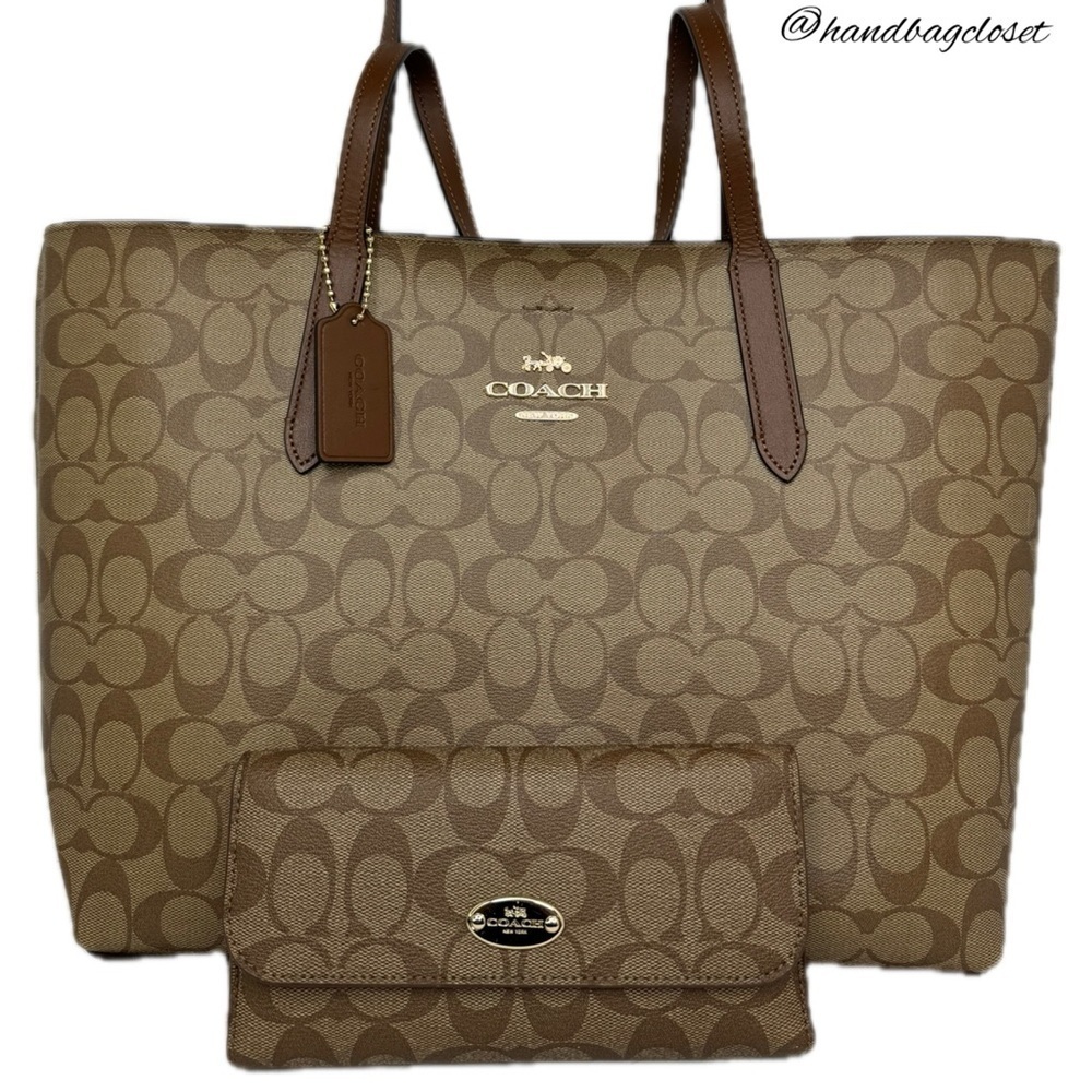 COACH Avenue Signature “C” Coated Canvas Brown F67108 Lot Set: Tote Bag & Wallet